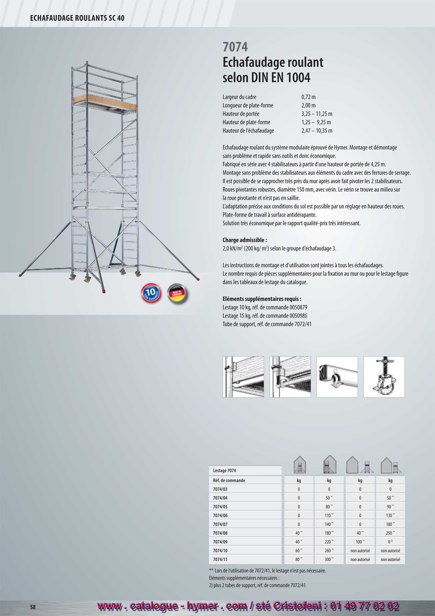 7074 
Largeur du cadre 
Longueur de la plate-forme 
Hauteur de portée 
Hauteur de la plate-forme 
Hauteur de l‘échafaudage 
0,72 m 
2,00 m 
3,25 – 11,25 m 
1,25 – 9,25 m 
2,47 – 10,35 m 

Échafaudage roulant du système modulaire éprouvé de Hymer. Montage et démontage 
sans problème et rapide sans outils et donc économique. 
Fabriqué en série avec 4 stabilisateurs à partir d’une hauteur d’attaque de 4,25 m. 
Montage sans problème des stabilisateurs aux éléments du cadre avec des ferrures à 
serrage. Il est possible de se rapprocher très près du mur après avoir fait pivoter les 2 
stabilisateurs. 
Roues à frein robustes, diamètre 150 mm, avec vérin. Le vérin se trouve au milieu 
sur la roue à frein et n’est pas en saillie. 
L’adaptation précise aux conditions du sol est possible par un réglage en hauteur des 
roulettes. 
Plate-forme de travail à surface antidérapante. 
Solution très économique par le rapport prix-qualité très intéressant. 


Charge admissible : 

2,0 (200 kg/m2) selon le groupe d‘échafaudage 3. 

Les instructions de montage et d’utilisation sont jointes à tous les échafaudages. Le nombre 
requis de pièces supplémentaires pour la fixation au mur ou pour le lestage figure dans les 

7074 
5 ans de garantie ! 
tableaux de lestage du catalogue. 


Lestage 7074 